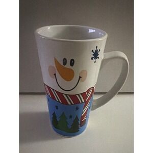 Century Snowman Latte Mug Ceramic Christmas‎ Holiday Coffee Cup Blue White Scarf